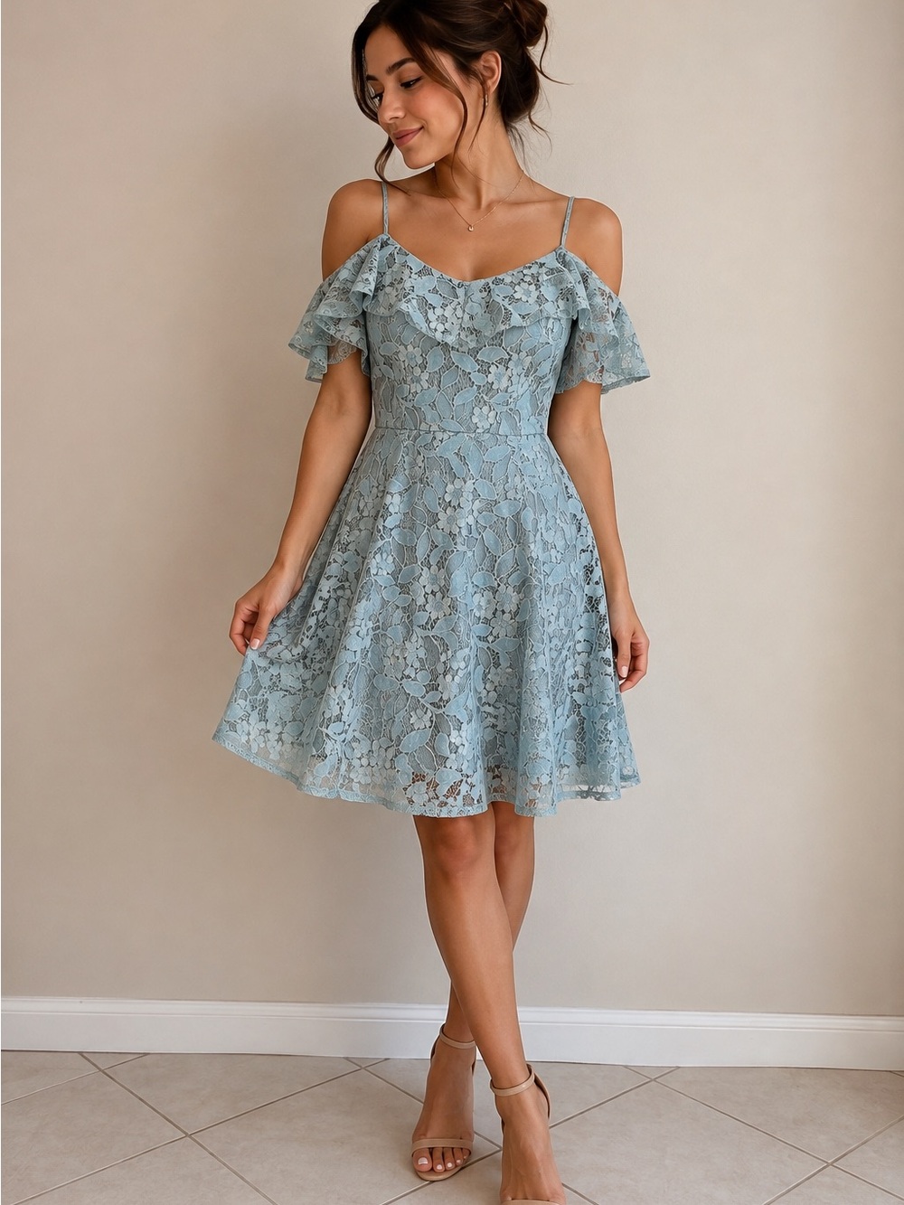 Cold-Shoulder Lace Skater Dress in Dusty Blue